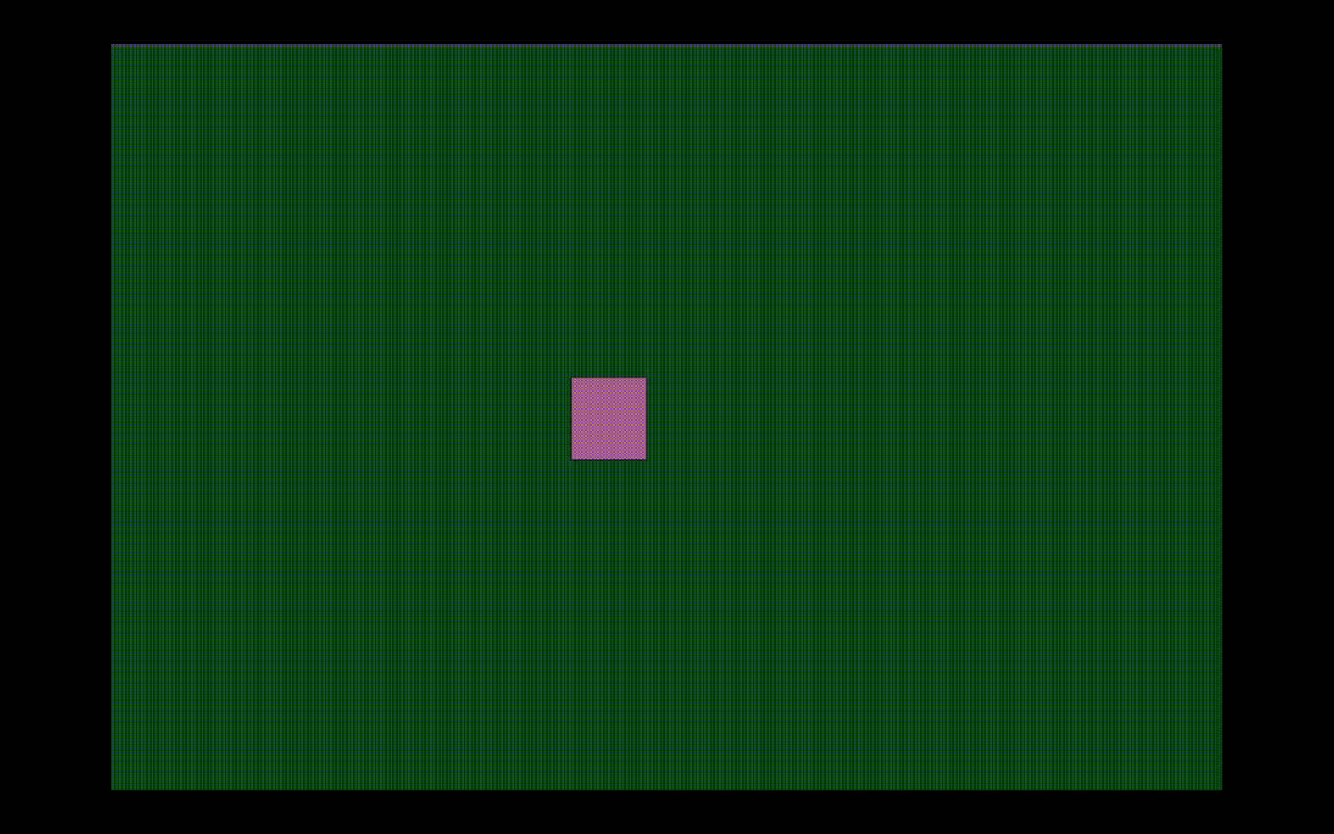 A small pink square sits centered on a deep green background, subtly growing and shrinking while shifting hues. A minimal loop that plays with size and contrast.